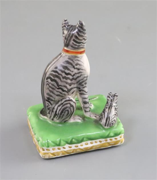 A Derby porcelain group of a seated tabby cat and kitten, c.1810-25, H. 7cm